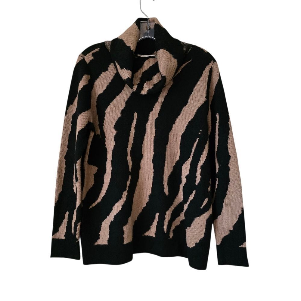 Soft Surroundings Black and Tan‎ Zebra Stripesl Sweater Cowl Neck Size Small